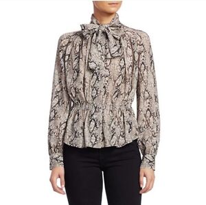 Frame 100% Silk‎ Snakeskin Print Tie-Neck Peplum Blouse Top